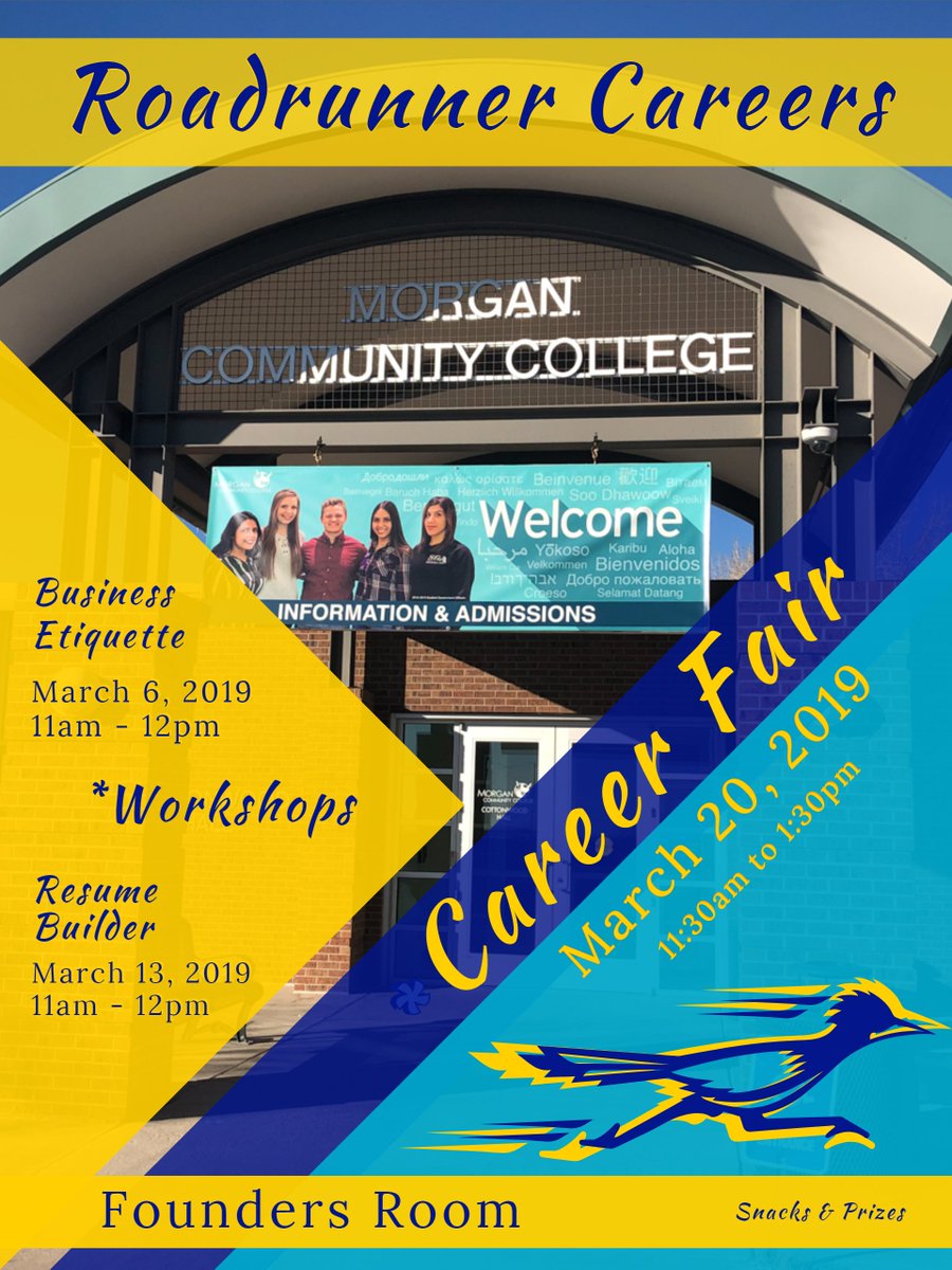 MorganCC's tweet image. Get a job after you graduate! Roadrunner Careers is coming THIS WEDNESDAY in Founders Room from 11:30 - 1:30. Meet local employers and submit your resume! There will be snacks and prizes as well!