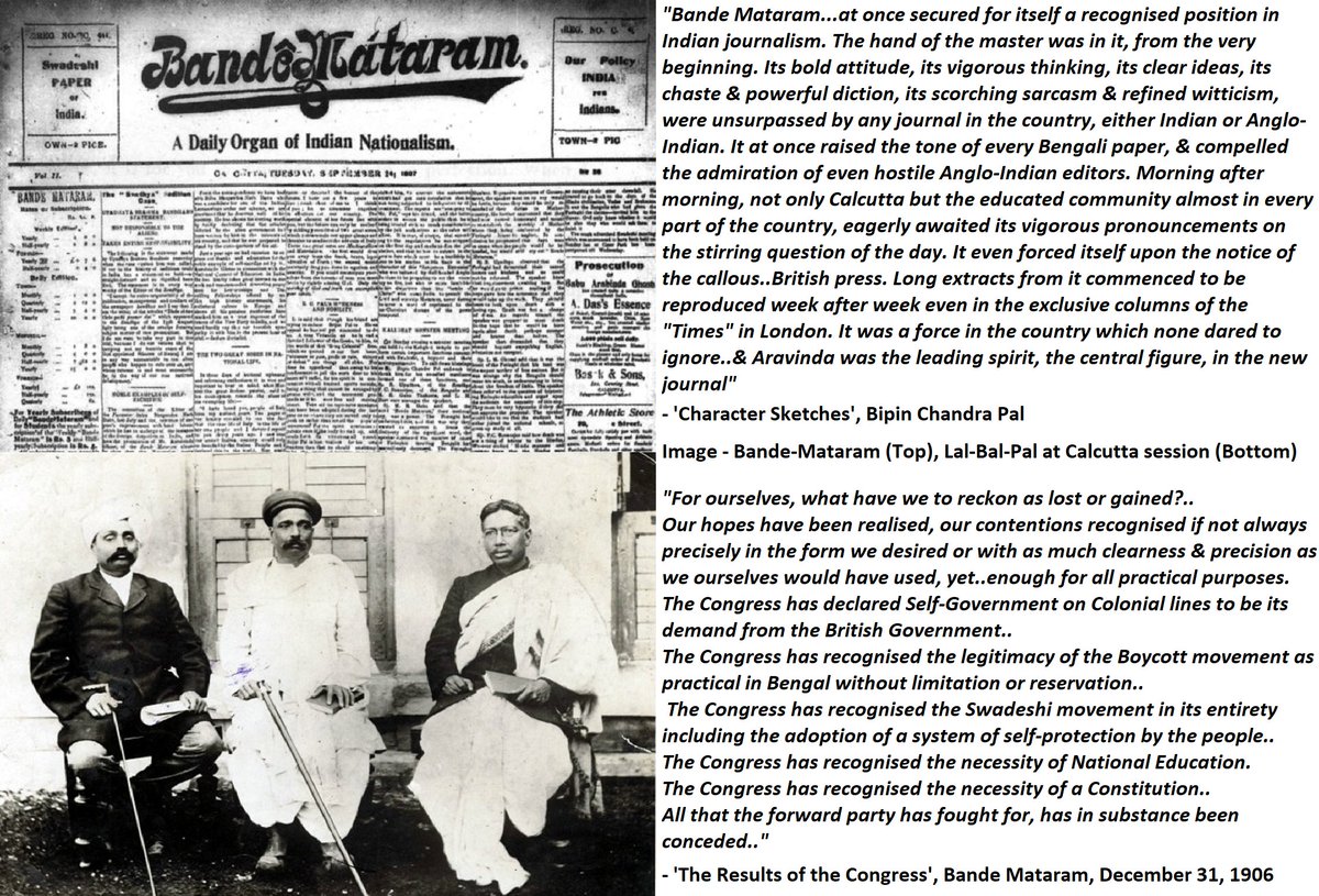 41) Editor of Bande-Mataram; Attending Calcutta Congress Session:Bipin Pal started 'Bande Mataram' ~Aug.1906 to give a much needed English lang. organ for the Extremists, & via  #SriAurobindo it achieved great heights.In Dec, Calcutta session also proved to be a major success: