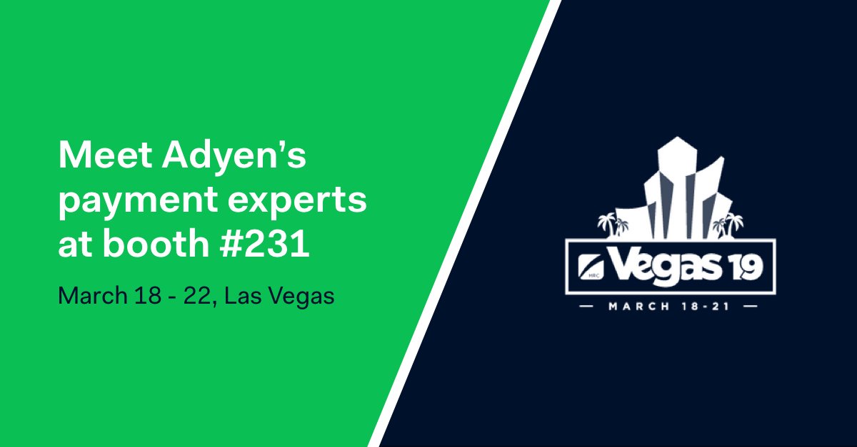 Adyen's tweet photo. Our payments experts are at #MRCVegas19. Stop by booth #231 to learn how we fight fraud for our merchants. https://t.co/Tl81NnBcZg