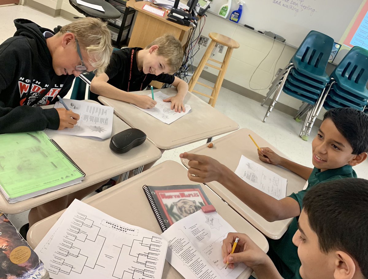 Booklady_721's tweet photo. The madness has begun! 🤓 Our first four poems were read, analyzed, &amp; enjoyed! Loved listening to their discussions of literary techniques &amp; theme in each pairing. Poetry rocks! 😄🎉💕 #whyIteach #NCTEvillage #ELAchat @ncte #GiveKidsChoice #poetry #engchat #LetThemRead 📚💜 https://t.co/EZHz3HXwpy