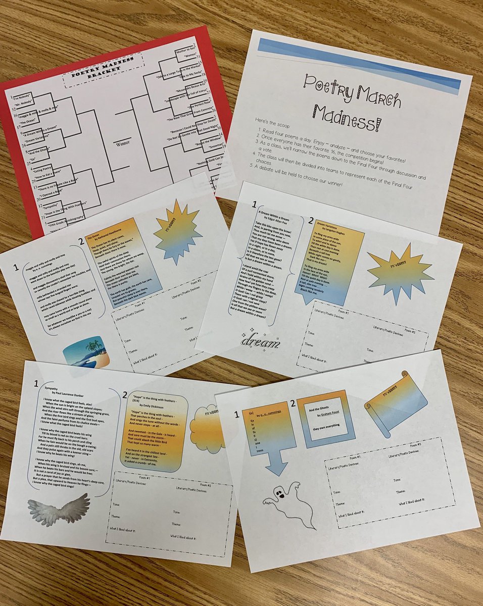 Booklady_721's tweet photo. The madness has begun! 🤓 Our first four poems were read, analyzed, &amp; enjoyed! Loved listening to their discussions of literary techniques &amp; theme in each pairing. Poetry rocks! 😄🎉💕 #whyIteach #NCTEvillage #ELAchat @ncte #GiveKidsChoice #poetry #engchat #LetThemRead 📚💜 https://t.co/EZHz3HXwpy