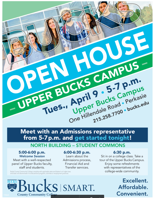 The Upper Bucks Campus of Bucks County Community College is hosting an open house. Check out the flyer for more information.