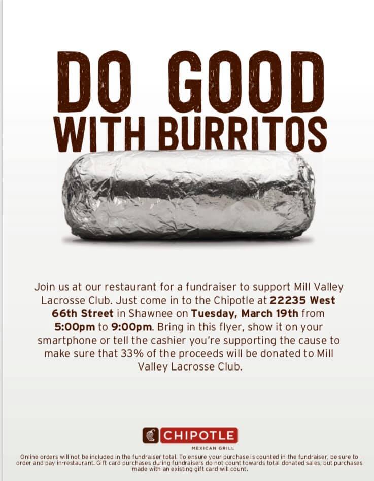 What's for dinner tomorrow? BURRITOS!

Feed the family from 5-9 PM at Chipotle in Shawnee. 33% of proceeds go to Mill Valley LAX <a href="/MVLAX2013/">Mill Valley Lacrosse</a> 

facebook.com/events/2371690…