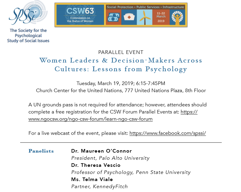 SPSSI's tweet photo. SPSSI's representatives & interns to the United Nations are hosting an event, "Women Leaders & Decision-Makers Across Cultures: Lessons from Psychology" on Tues, March 19; 6:15-7:45PM. Catch this event livestreamed from @SPSSI Facebook feed! @mayagodbole @APAUNNGO @SpssiUk https://t.co/6h5bIS79s2