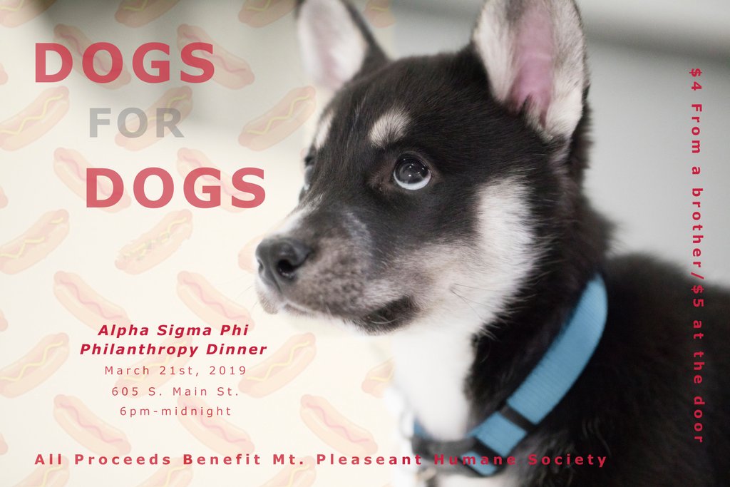 cmualphasigs's tweet photo. This Thursday @ 6pm til Midnight is our annual #DogsForDogs🐶 philanthropy dinner.
When: Thursday March 21st, 2019.
Where: 605 S. Main st. Mt.Pleasant, Mi, 488858.
All proceeds go to the Mt. Pleasant Humane Society! https://t.co/ztwPKqQaR1
