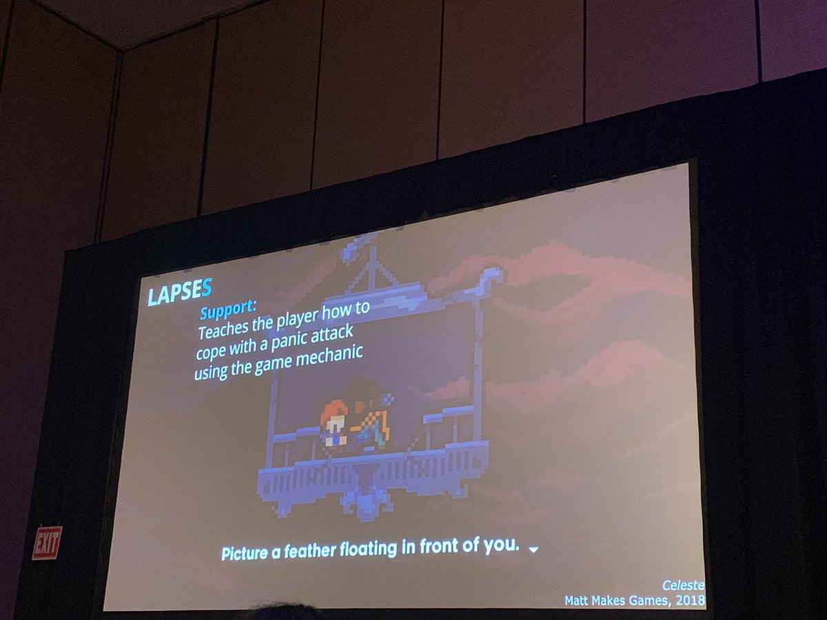 CheckPointOrg's tweet image. People with anxiety can display a number of symptoms. Celeste is a great example of a game that builds in a coping technique into the game mechanics. #GDC19
