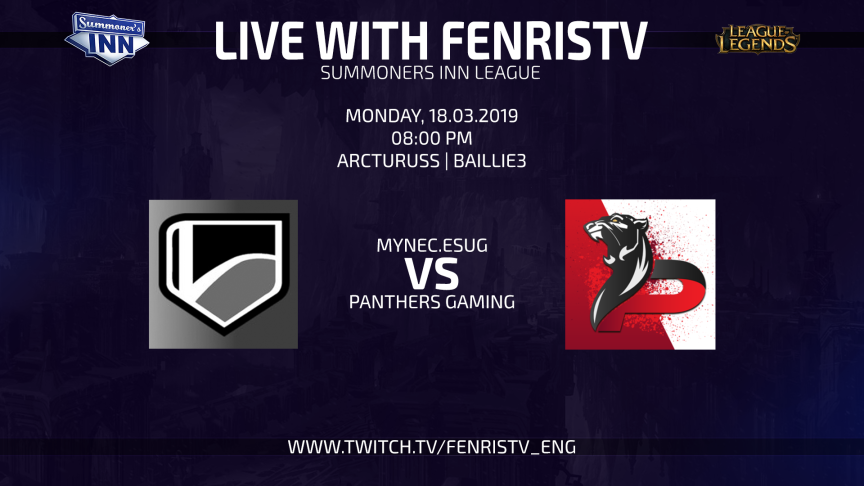 🎥 FenrisTV - Livecast - Announcement
#LeagueOfLegends

🏆 <a href="/SummonersInnDE/">Summoner's Inn</a> | #SINNLeague | Division 2.2.
⚔️ <a href="/esugesports/">Esport Union Göttingen</a> vs. <a href="/pnthrsgg/">PANTHERS Gaming</a> 

🇬🇧 Twitch: twitch.tv/fenristv_eng
⏰ NOW | 20:00 CET
🎙️ @ArcturussEU and @Baillie3Gaming
