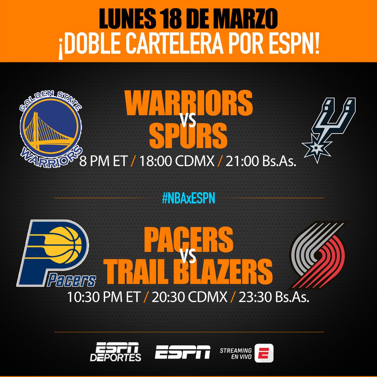 Esta noche, para todo el hemisferio, otra doble tanda de #NBAxESPN. En el primer partido estaremos trabajando junto a @EJerezESPN. En el segundo estarán @tonhorodriguez y @fer_tirado.
