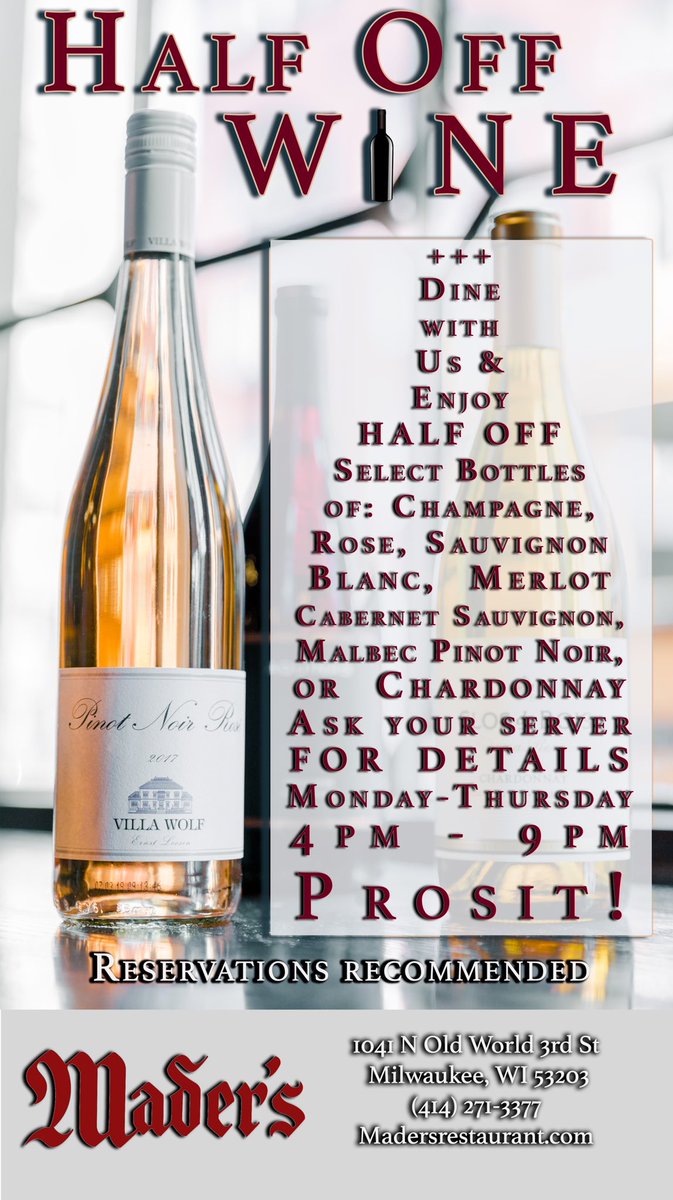 Make Monday - Thursday date night! #Halfoffwine 
.
.
.
#mke #wine #Milwaukee #special #promo #maders