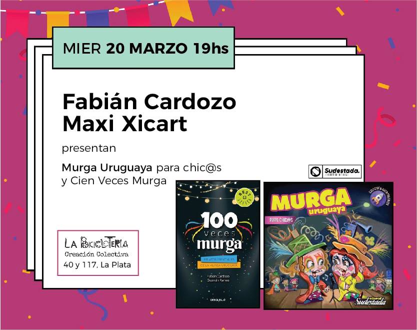 Este miércoles presentación de los libros "100 Años de murga" y "Murga para chic@s" de <a href="/facardozo/">Fabian Cardozo</a> y <a href="/mxicart/">Maxi Xicart</a> en #LaBicicleteria de #LaPlata!!! Organiza: <a href="/GenesisDiscos/">Genesis Discos</a>
