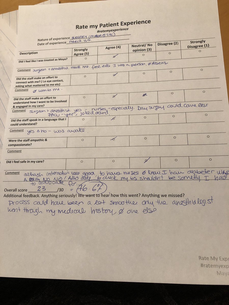 I had surgery on Fri &amp; although the interaction was +, was NOT impressed by the lack of knowledge I have diabetes, having to request to get my blood sugars checked, given a wrong # to make an apt. This amongst other things made my experience mediocre at best. #ratemyexperience