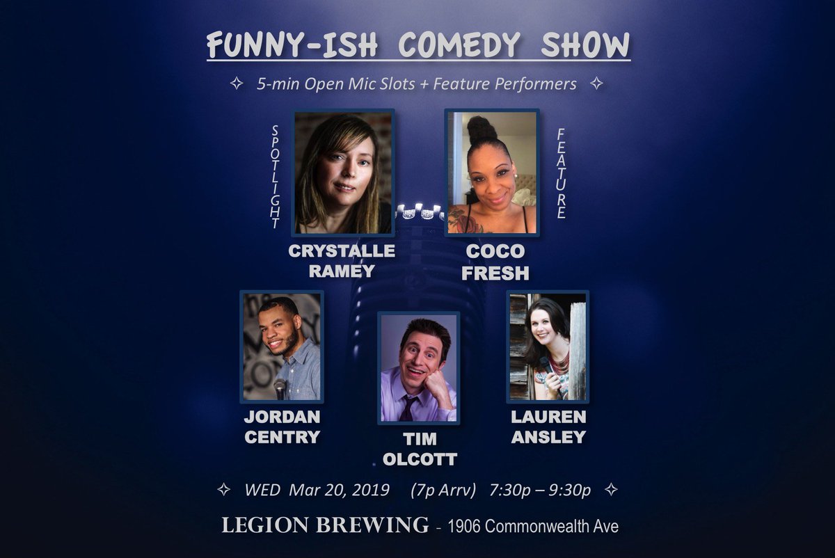 FunnyishComedy's tweet image. CHARLOTTE, NC #SupportLiveComedy
3.20.19 7p @LegionBrewing No Cover
#CocoFresh @Crystallera @jordancentry @laurensansley
PLUS: KevinDuffy @addyKapur @GarretsonCheryl @MusicToMySpears @TheNotoAmf @JohnSchwert RicardoAldahondo @SterlingThrill