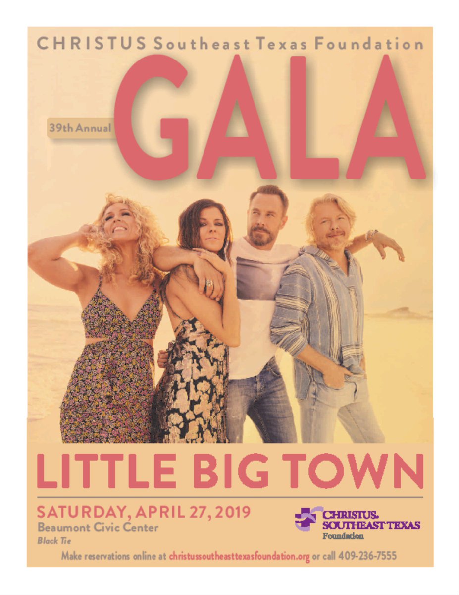 CSETXFoundation's tweet image. Join us for the 39th Annual Gala starring @littlebigtown on April 27 at the Beaumont Civic Center. Reserve your table by calling (409) 236-7555 or going online today! christussoutheasttexasfoundation.org/events/39th-an…
