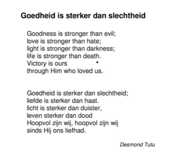 Op deze verdrietige dag delen we ter bemoediging graag deze tekst van Desmond Tutu ‘Goedheid is sterker dan slechtheid, liefde is sterker dan haat’. #Utrecht
