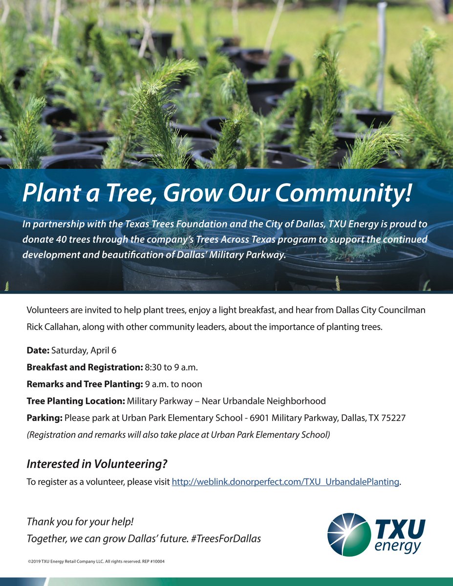 Calling all volunteers! We need your help in planting 40 trees being donated by <a href="/txuenergy/">TXU Energy</a> to support the continued development and beautification of Dallas’ Military Parkway near the Urbandale neighborhood area. Details below.