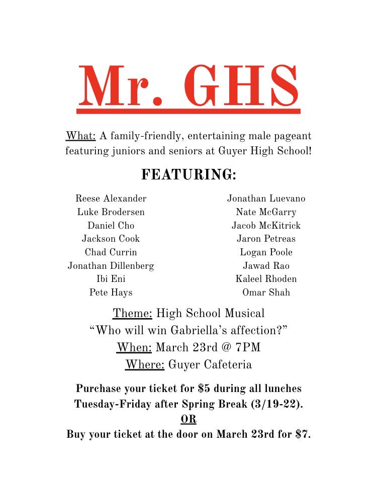 miaeknight's tweet image. Mr. GHS is THIS SATURDAY at 7PM in the Guyer Cafeteria!! The show is going to be awesome, and you WILL NOT want to miss it!! Buy your ticket for $5 during all lunches this week on the cafeteria stage OR buy your ticket before the show for $7.