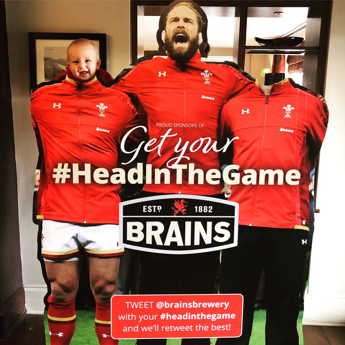 Jodie_Beck's tweet photo. Future Welsh rugby player in the making! @adventuresofjenson on insta  
We saw this in our local pub and couldn’t resist! Thanks @brainsbrewery  

#headinthegame https://t.co/6QGx5rAydY