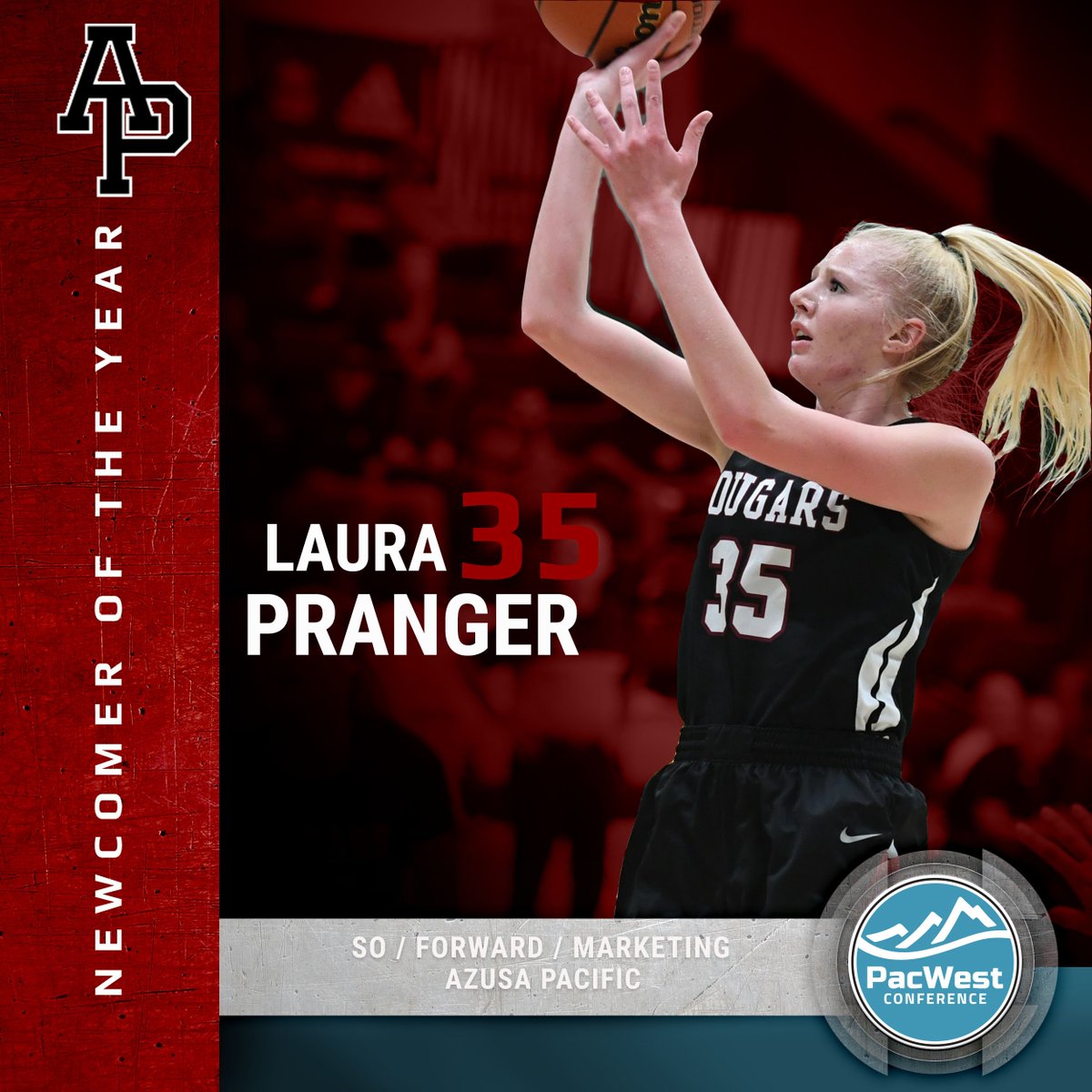 ThePacWest's tweet photo. #PacWestWBB All-PacWest | The @APUCougars' Laura Pranger is the PacWest Newcomer of the Year! Pranger recorded 89 blocks this year and helped Azusa Pacific defend its PacWest title. https://t.co/0wDSl47iET https://t.co/1s6TlkLWDw