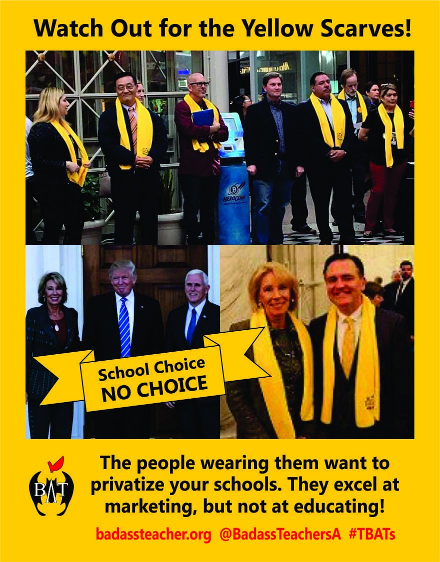 BadassTeachersA's tweet image. The yellow scarves worn by "school choice" charter/voucher advocates carry the Koch Brothers' Americans for Prosperity logo. They wish to keep their taxes low &amp;amp; their profit potential high by privatizing public schools. #StopDeVos #TBATs #charterschools #yellowscarves