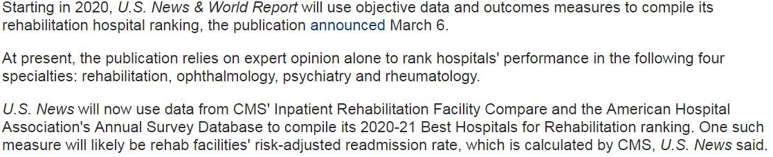 'Starting in 2020, @usnews will use objective data and outcomes measures to compile its rehabilitation hospital ranking' - via @BeckersHR @mackenzie_bhr #BestHospitals beckershospitalreview.com/quality/us-new…