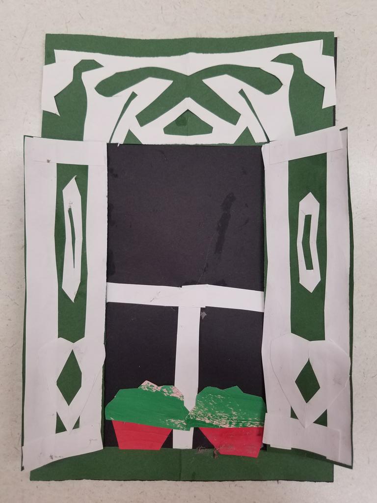 SMarionArtEd's tweet photo. @tolbert2nd collage inspired by traditional Russian windows. We focused on negative space and symmetry @Tolbert_ES #tolbert19 #Tolbertcares #tolbertcreates https://t.co/Jengc43Klw