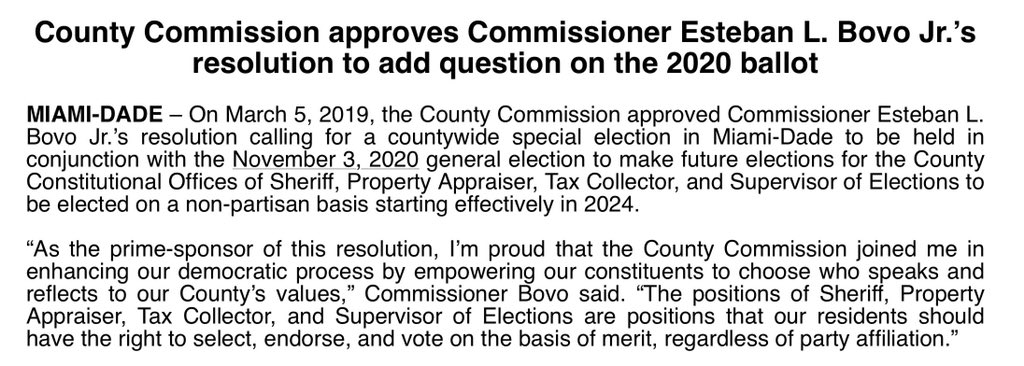 MayorBovo's tweet photo. #ICYMI: Proud that @MiamiDadeBCC approved my resolution that calls for a special election in #OurCounty to make future elections for #Sheriff, #PropertyAppraiser, #TaxCollector, #SupervisorOfElections to be elected on a non-partisan basis. https://t.co/bVCmt1RPRR
