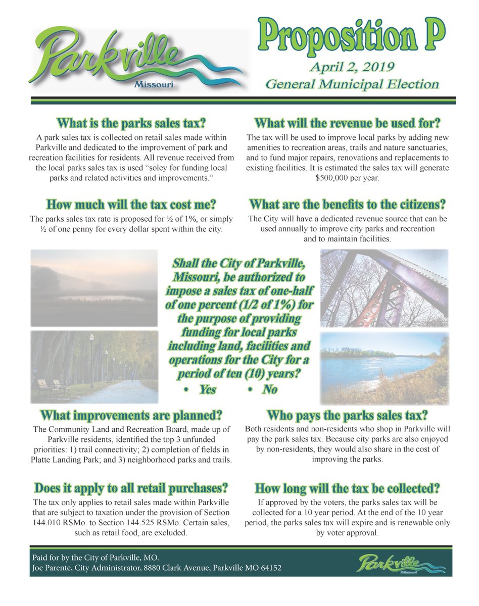 As it pertains to economic development, the <a href="/ParkvilleEDC/">Parkville EDC</a> endorses the <a href="/parkvillemo/">City of Parkville</a> Prop P - Park Sales Tax on the April 2nd ballot. To learn more about the proposed retail sales tax that will assist with the Parks Master Plan visit parkvillemo.gov/community/park…