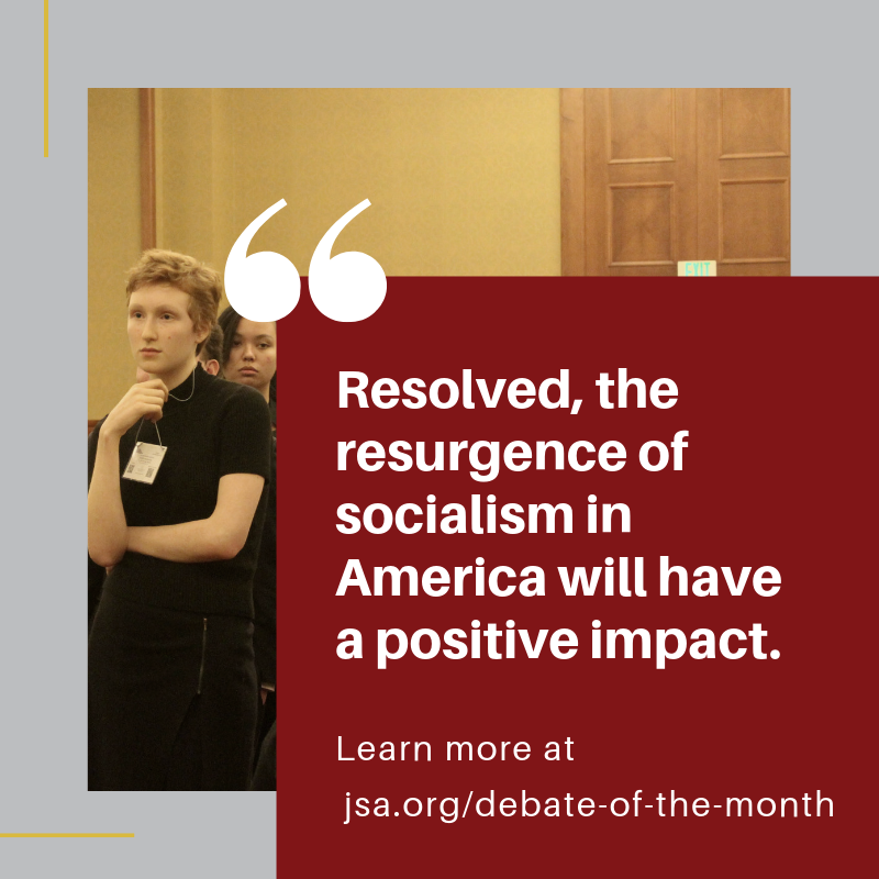 jrstateamerica's tweet photo. What are JSAers discussing this month? #socialism in America. What do you think? Tweet at us!! #debateofthemonth #bethepeople https://t.co/bq5tn8fFCm