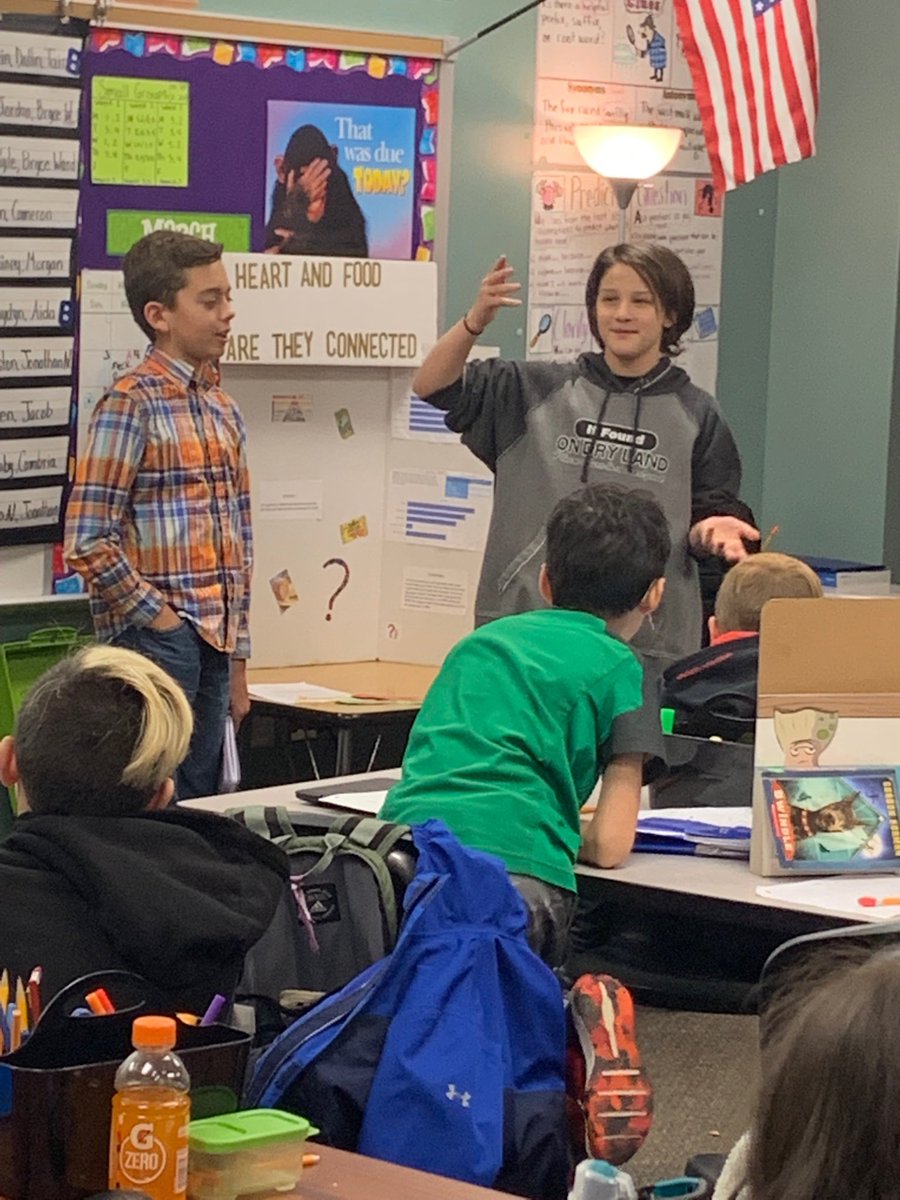 Eddie and Kylie explain their 2nd place Science Fair project to the class: Heart and Food - Are They Connected? ⁦<a href="/HumbleISD_LSE/">Lakeshore Elementary</a>⁩ #leopardspotting