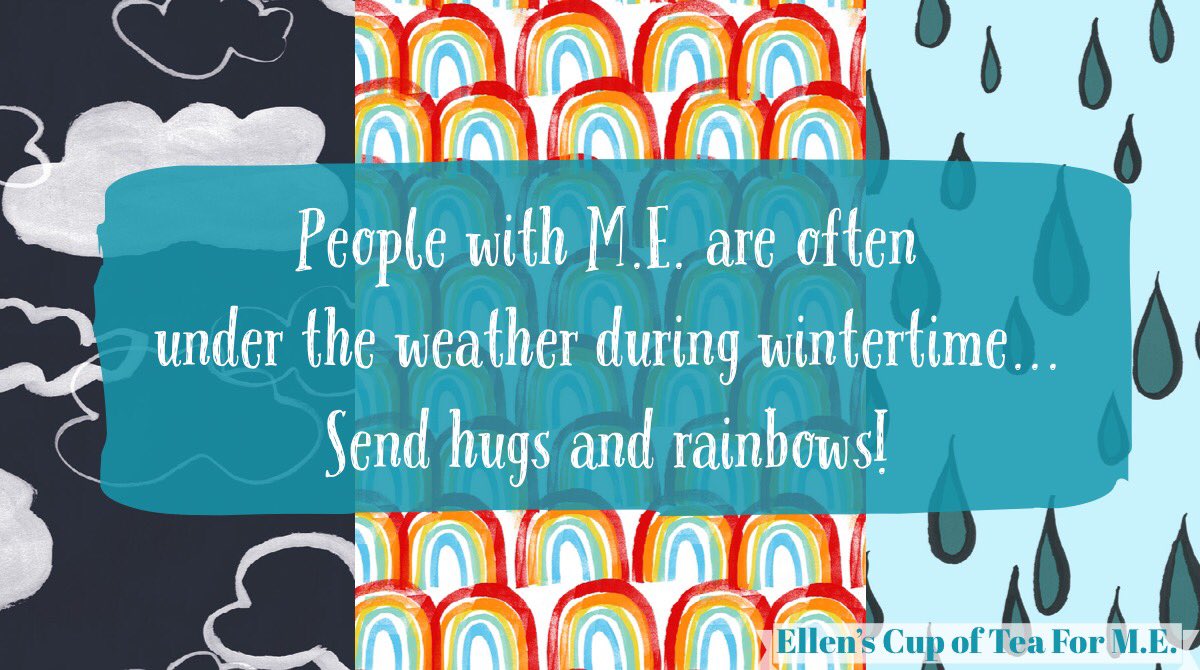 OrkneyTeaForME's tweet photo. Hello all &amp; wonderful #PwME! Wintertime is hard for us #MyalgicE folk, so share some rainbows, sunshine (as well as gifs of people having difficulties with umbrellas) to brighten us up! Hibernation hugs 💕🌈☔️ https://t.co/wCPyyeF2bQ