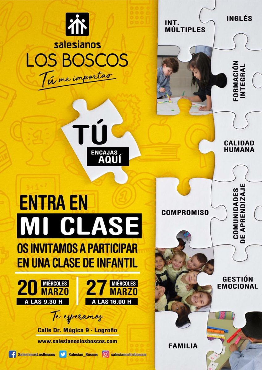 Salesian_Boscos's tweet photo. ¡Abrimos nuestras puertas!

📢 ENTRA EN MI AULA
Podréis ver el funcionamiento de un aula de Infantil.

📢 PUERTAS ABIERTAS
Os animamos a conocer el colegio desde dentro.

 ☎️ En caso de no poder asistir, 94124071 para concertar otra cita.

¡OS ESPERAMOS! 😄
#SalesianosLosBoscos https://t.co/8faPCvaGfT