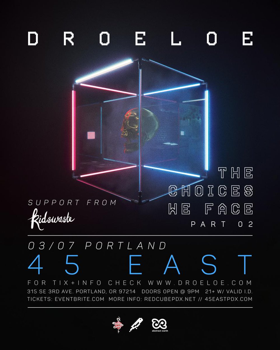 AbstractEarth's tweet photo. 🚨TOMORROW NIGHT! 🚨
Don't miss @DROELOEMUSIC at @45eastpdx with special guest @Kidswaste! Limited tix remaining - https://t.co/20AdBXVZWl

#Droeloe #AEP #PDXevents cc: @RedCubePDX https://t.co/dSeqxXxqgs