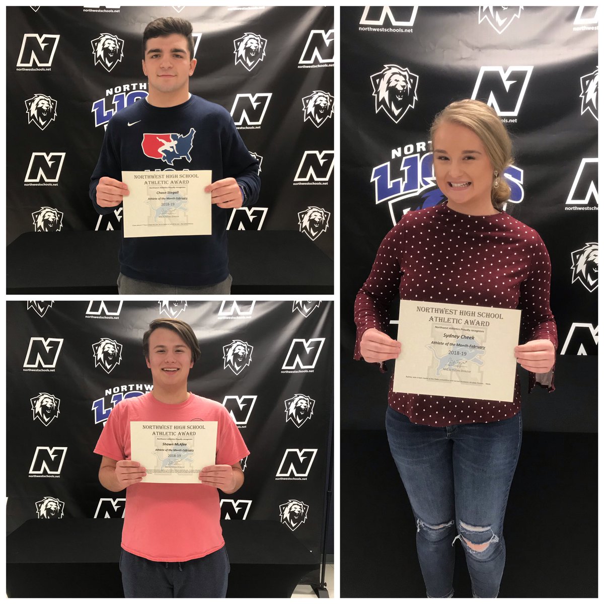 NORTHWEST_LIONS's tweet photo. Congratulations to our Athletes of the Month-February
Chase Stegall
Shawn McAfee
Sydney Cheek https://t.co/e8UITDbF96