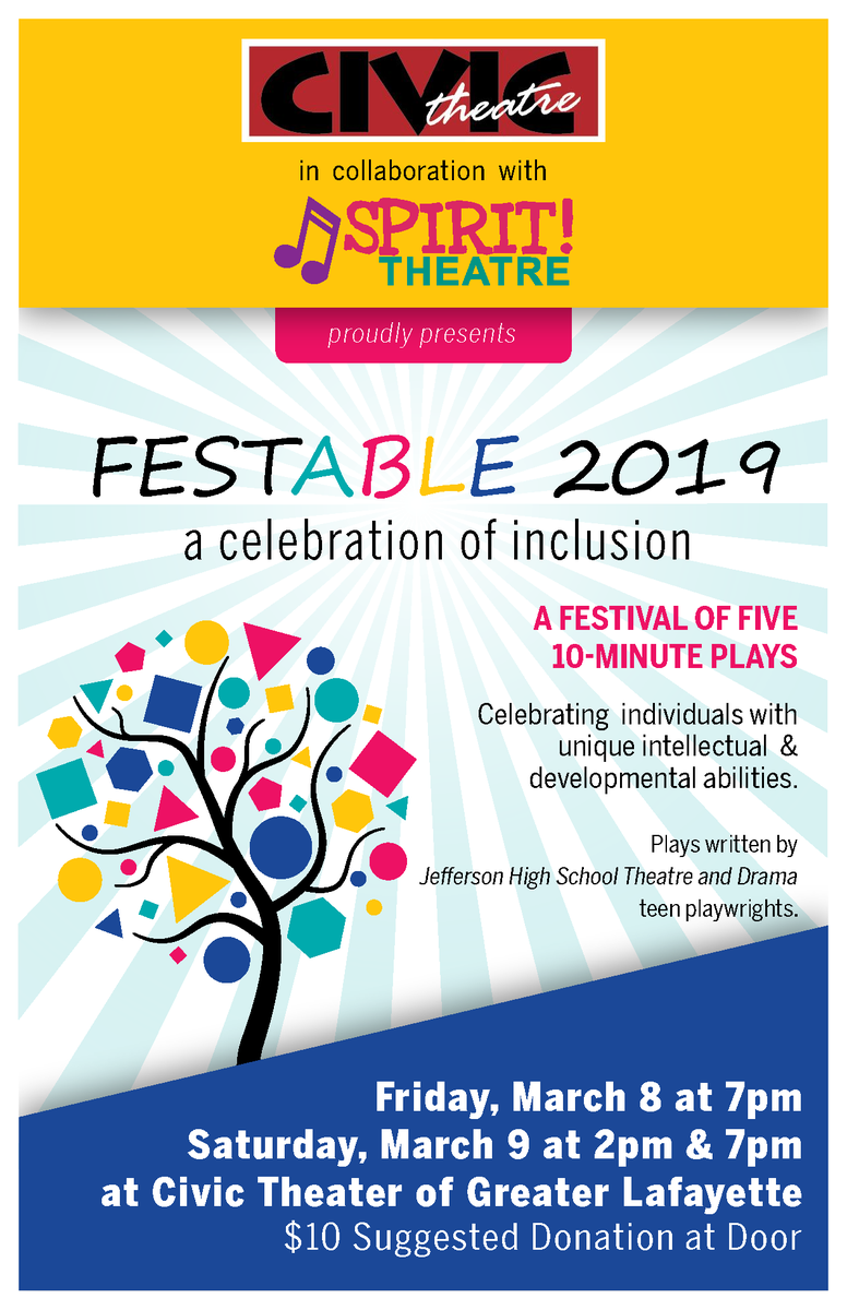 JEFFplayers's tweet photo. Come out this weekend to @lafayettecivic to see 5 ten-minute plays, written by our very own students, that celebrate individuals with unique intellectual & developmental abilities in our community! We were honored to be a part of this amazing project #festable #inclusion https://t.co/cuCxrFlD5R