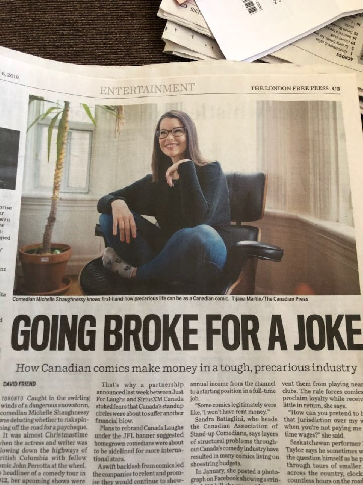 stefanbrogren's tweet photo. ⁦@Michellesfunny⁩ is in like a thousand papers today. Not sure she’s crazy about this one headline though. #canadianstandup #xoxo https://t.co/zNT0qqg7Jm