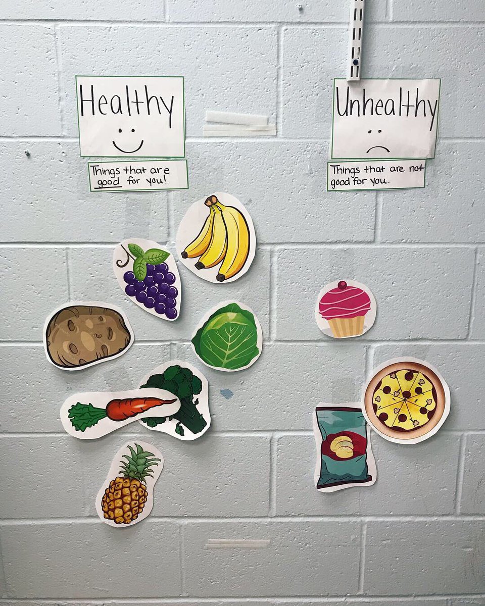 MissLauraEbert's tweet photo. Kicking off March with a focus on nutrition! We learned about what it means when something is healthy vs unhealthy for you and played an interactive freebie I found on #teacherspayteachers ! We reinforced the learning by using our wall space as an activity board. Success! https://t.co/jb16xxWdtG