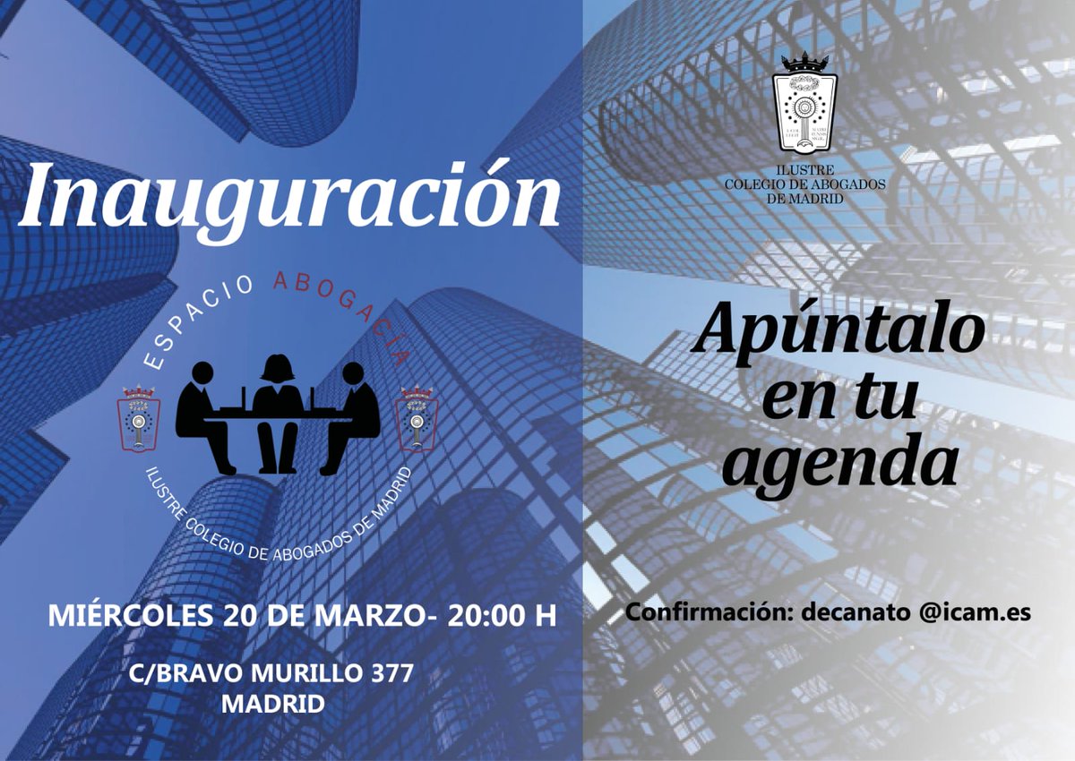 JM_AlonsoPuig's tweet photo. Todo listo para inaugurar este 20 de marzo a las 20h, frente a Plaza de Castilla, el coworking del @icam_es: Espacio Abogacía. Un área pionera para el emprendimiento y la ayuda "a" y "entre" compañeros y compañeras. Contaremos además con un Espacio Senior https://t.co/p9n1NpGLI9