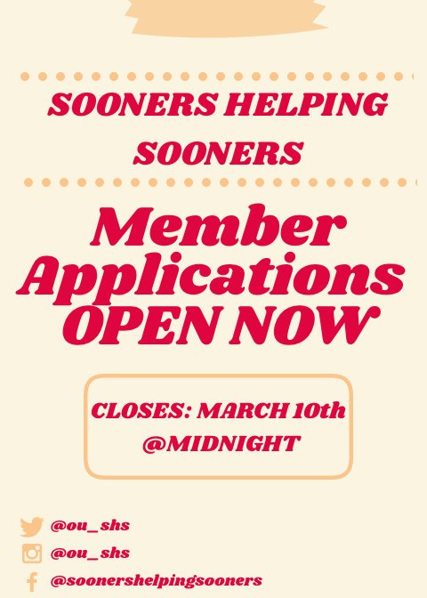 OU_SHS's tweet photo. Apply today! Member applications are still open if you are interested. You can find the application on our Orgsync page! 
https://t.co/5ufpsbDakD https://t.co/2oXMppfbod