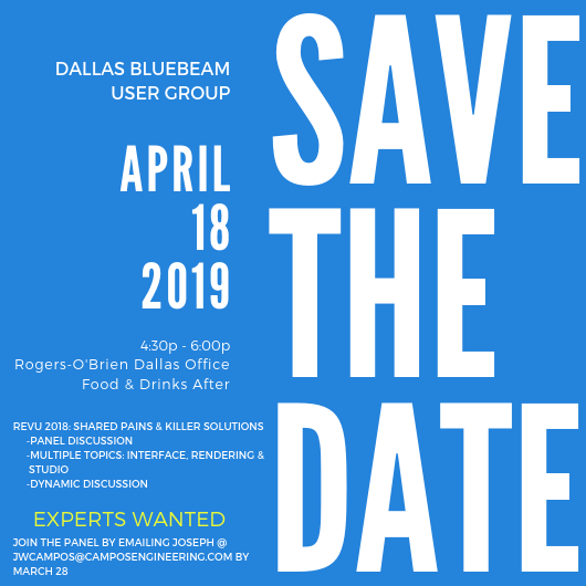 walker_lockard's tweet photo. PANELISTS NEEDED! CALLING ALL DFW #CONSTRUCTIONDORKS &amp; BLUEBEAM GURUS! Come to the DallasBUG meeting on 4/18! That's 43 days, folks! Food and drinks will follow a panel discussion on #SharedPains and killer solutions to them! Reach out if you have questions! Spread the word! https://t.co/AicFnaaNsQ
