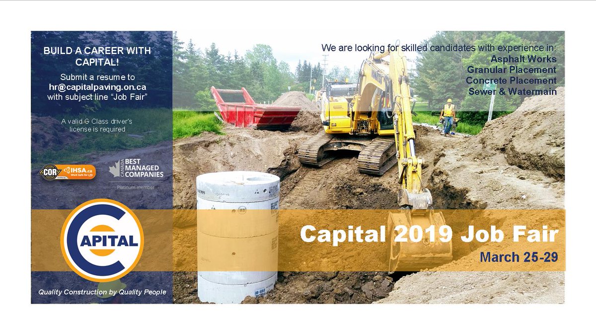 With the 2019 construction season around the corner, now is the time to secure a position with Capital!  Submit your resumes with the subject line “Job Fair” to hr@capitalpaving.on.ca today for further consideration.