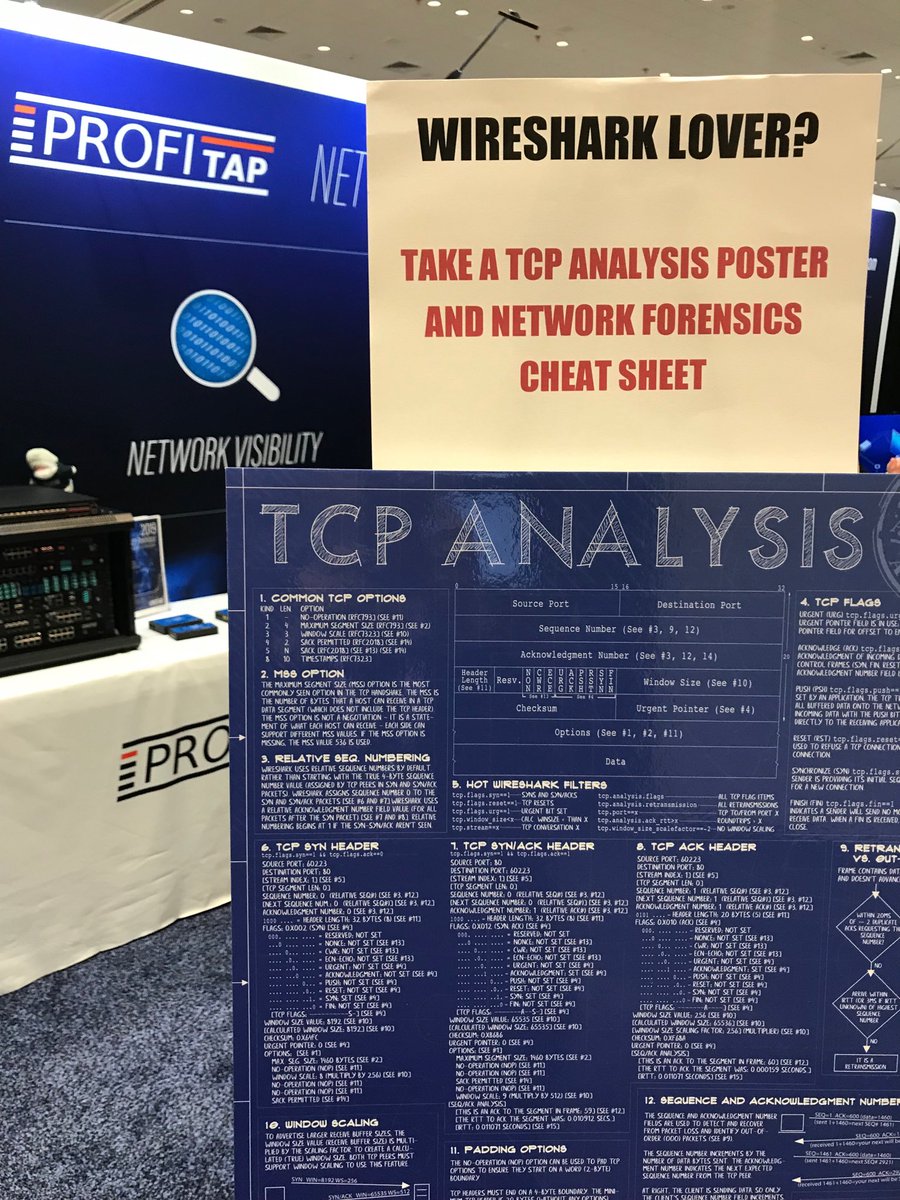 LauraChappell's tweet image. Get geeky! Pick up a forensics CheatSheet and tcp dissector poster at #profitap 3233 #RSAC