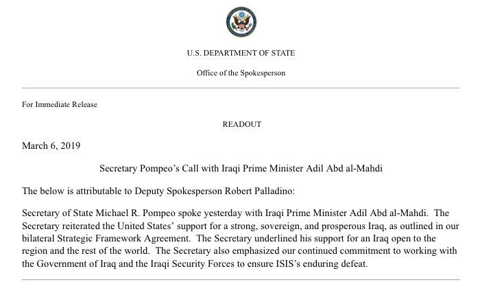 Secretary Pompeo’s Call with Iraqi Prime Minister Adil Abd al-Mahdi