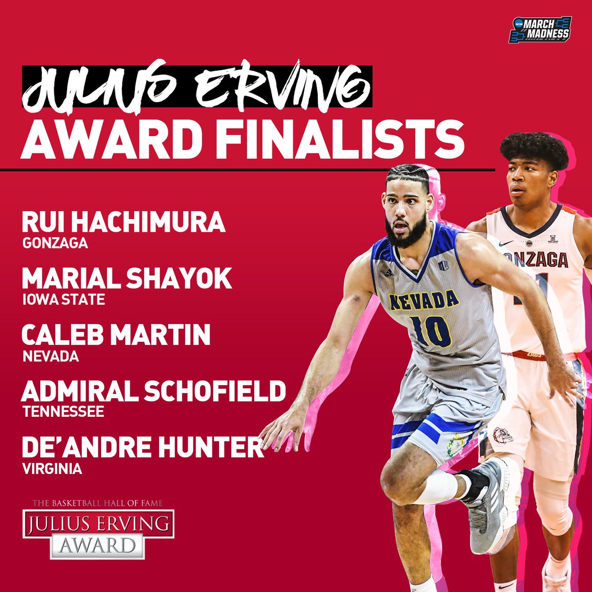 #ErvingAward Finalists

Rui Hachimura
Marial Shayok
Caleb Martin
Admiral Schofield
De’Andre Hunter

Who is the top SF in the country?