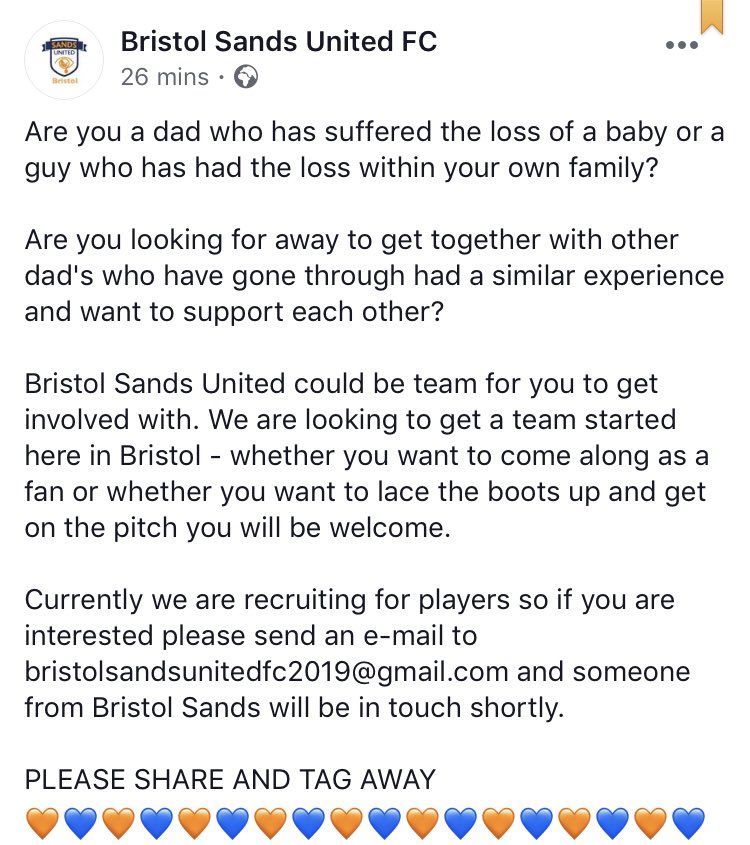 SandsUtdBristol's tweet photo. We are looking to start a football team in Bristol to provide support to dads who’ve suffered the tragic loss of a baby before, during or shortly after birth. If you are interested in joining please email bristolsandsunitedfc2019@gmail.com https://t.co/vquzREXkR7