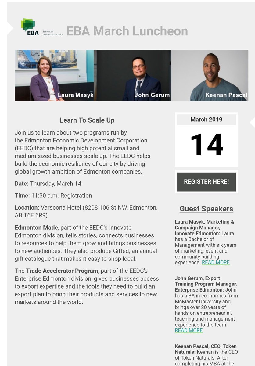 yourYEGBA's tweet image. Will we see you at our #EBAluncheon next week? Tix are available at yegba.com

We'll be sharing information about the @EEDC and hear from some pretty smart folks from @InnovateYEG, @EnterpriseEdm &amp;amp; @TokenNaturals

#yegbusiness #yegevents #professionaldevelopment