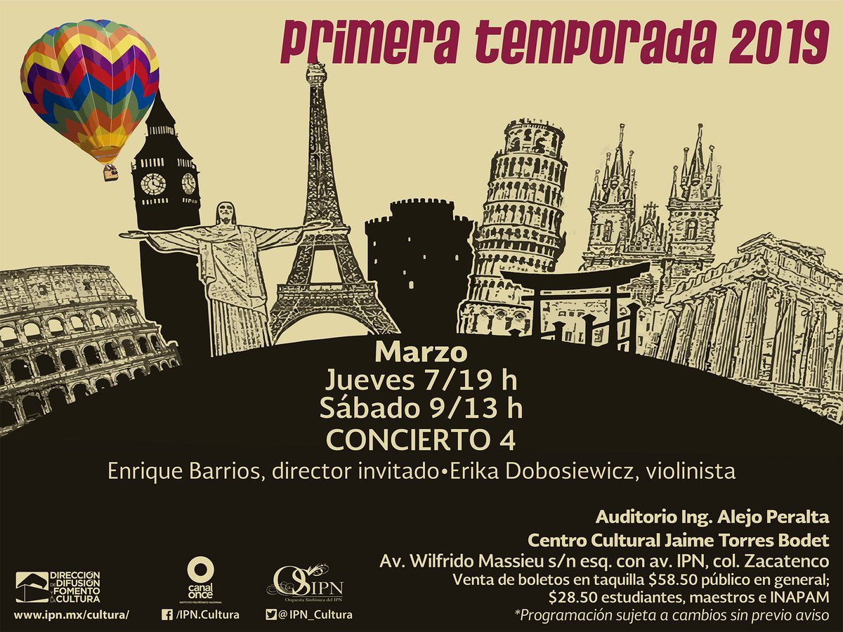 IPN_Cultura's tweet photo. #1raTempOSIPN2019 CONCIERTO 4 de la #OSIPN con #EnriqueBARRIOS y #ErikaDOBOSIEWICZ.

#BEETHOVEN // Concierto para violín y orquesta en Re mayor, Op.61.
#DVORAK // Sinfonía No.9 en Mi menor, Op. 95.

📆 Marzo 7 y 9. 📍 #CCJTB. 🎟️ #BoletosEnTaquilla.

#ElPoliTambiénEsCultura. https://t.co/MefbFY0pJk