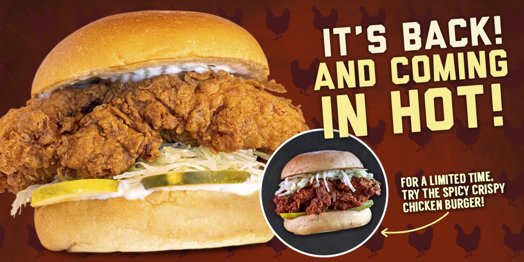 originaljoes's tweet photo. Tell your friends, family, acquaintances and random individuals that the  Crispy Chicken Burger is BACK, for good! And for a limited time, try the Spicy Crispy Chicken Burger. 🍔🔥 #OriginalJoes https://t.co/pGGOTXf7Cc