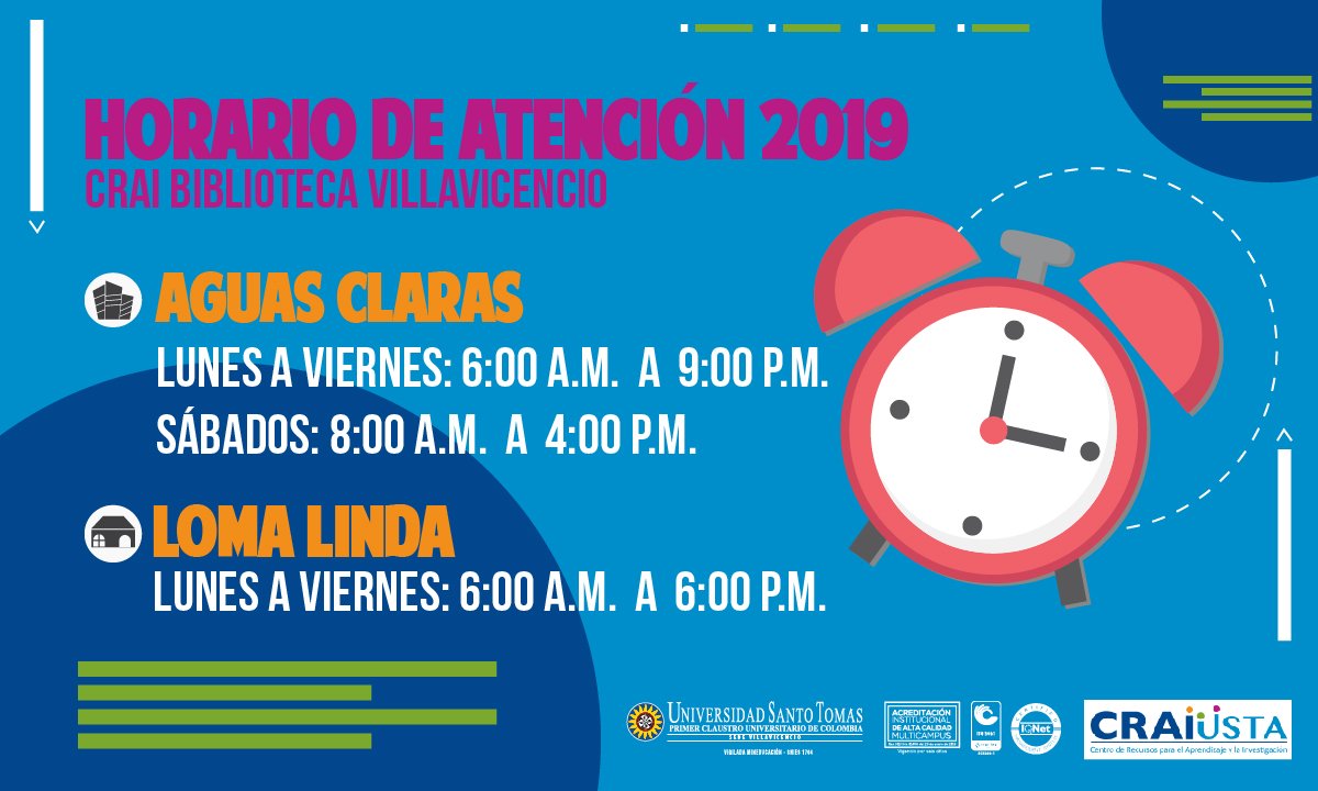 CraiUsta's tweet photo. Horarios de Atención 2019-CRAI-USTA Villavicencio

(Los días Lunes y Jueves la Biblioteca Sede Loma Linda se encuentra cerrada) https://t.co/mC8uEFEe4i
