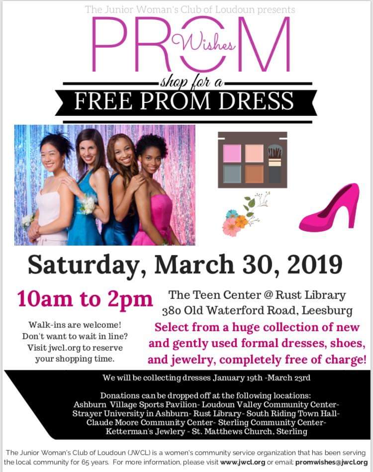 TownofLeesburg's tweet image. Organized by the Junior Women’s Club of Loudoun, the annual Prom Wishes boutique will be held at #RustLibrary on March 30. Loudoun County high school girls will be able to choose free prom dresses, accessories, shoes, and more. Walk-ins are welcome. #leesburgva