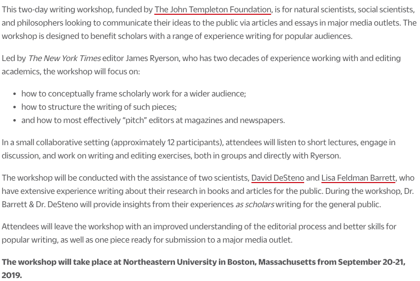 affectivescilab's tweet photo. RT widely! Applications open 'til June 7: "Beyond the Ivory Tower: A Workshop for Scholars on Writing for the Public" on Sept 20/21 @Northeastern, led by James Ryerson (senior editor @nytopinion) with @daviddesteno and @LFeldmanBarrett. 

Learn more/apply: https://t.co/880AGIz4lT https://t.co/a6zI6urzQ7